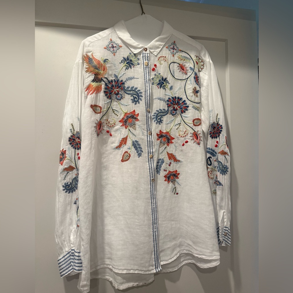 Johnny Was White Linen Button-Down Long Shirt with Multicolor Floral Embroidery